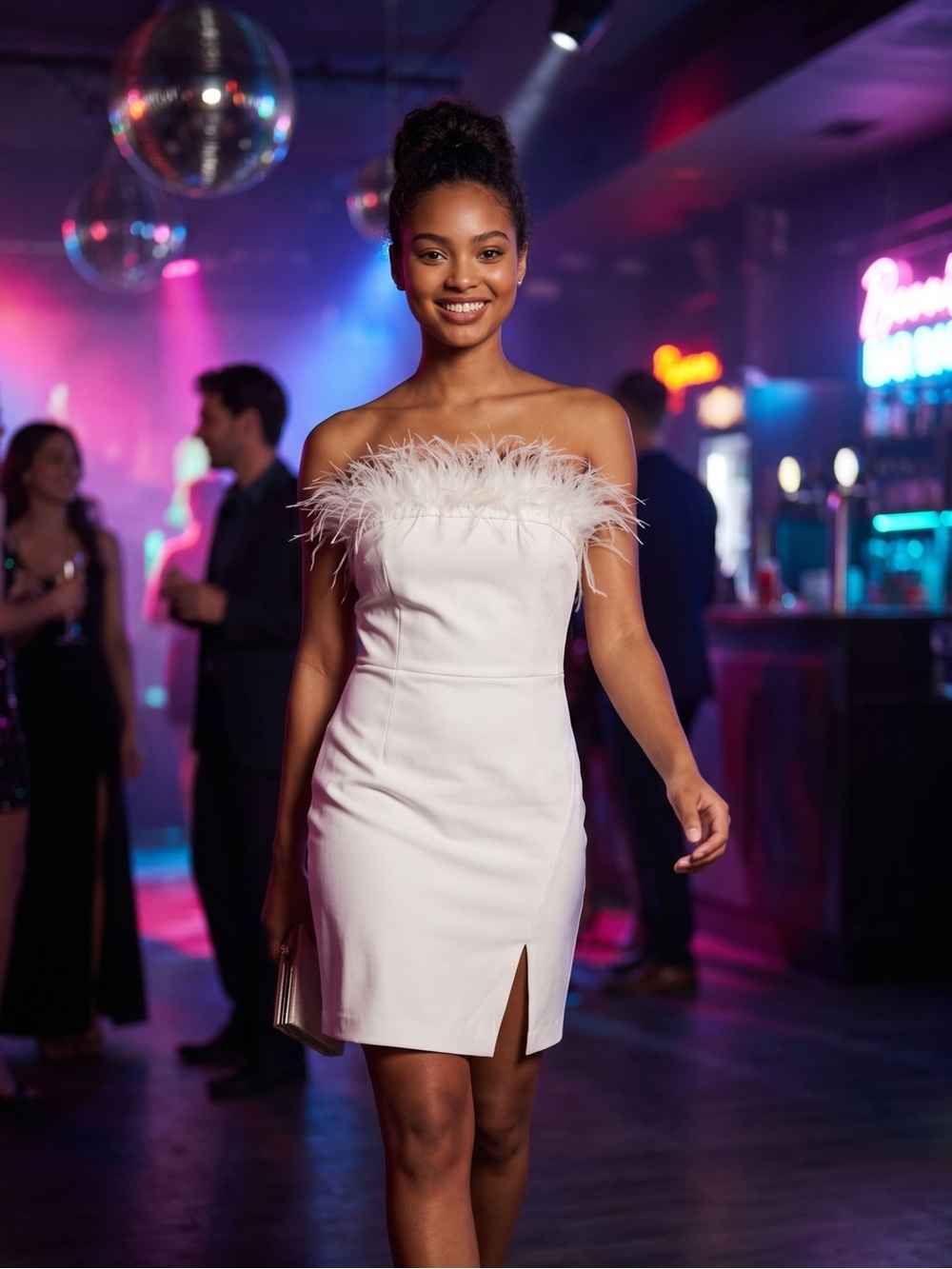 Elegant White Feather Trim Dress